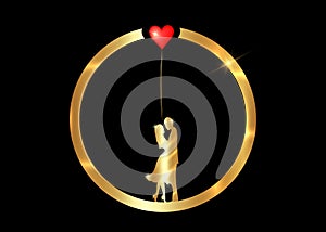 Gold ring valentines day concept, romantic golden silhouette of loving couple with red heart shaped balloon. Valentine`s Day 14