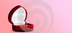 Gold ring, wedding ring in red box. The moment of a wedding, anniversary, engagement, or Valentine's Day. Happy day.