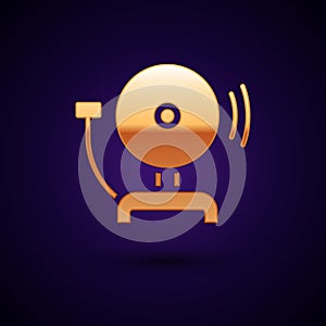 Gold Ringing alarm bell icon isolated on black background. Fire alarm system. Service bell, handbell sign, notification