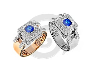 Gold rings with diamonds and sapphire
