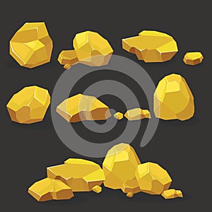 Gold rock,nugget set. Stones single or piled for damage and rubble for game art architecture design photo