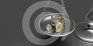 Gold rock scale weighs gold nuggets on grey background. 3d illustration