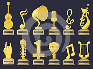 Gold rock star trophy music notes best entertainment win achievement clef and sound shiny golden melody success prize