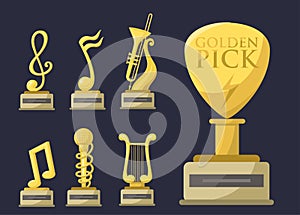 Gold rock star trophy music notes best entertainment win achievement clef and sound shiny golden melody success prize