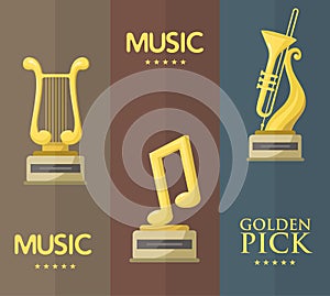 Gold rock star trophy music notes best entertainment win achievement clef and sound shiny golden melody success prize