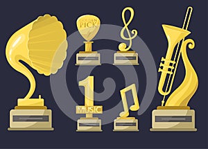 Gold rock star trophy music notes best entertainment win achievement clef and sound shiny golden yellow melody success