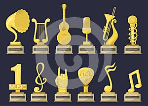 Gold rock star trophy music notes best entertainment win achievement clef and sound shiny golden yellow melody success