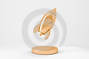 Gold rocket monument and podium. Business startup and idea