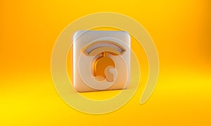 Gold Roman army helmet icon isolated on yellow background. Silver square button. 3D render illustration