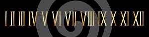 Gold roman numerals black background set. Elegant ancient number font 1 to 12 old luxury math for templates.