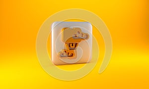 Gold Romantic hot air balloon icon isolated on yellow background. Air transport for travel. Silver square button. 3D