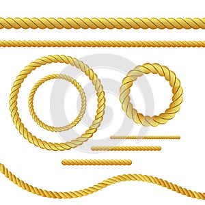 Gold rope of realistic nautical twisted rope knots, loops for decoration and covering isolated on transparent background