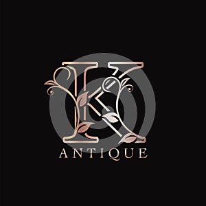 Gold Rose K Luxury Letter Logo Template Design. Monogram antique ornate nature floral leaf with initial letter logo gold rose