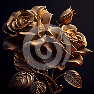 Gold roses, on black background. Ia generative.