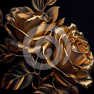 Gold roses, on black background. Ia generative.