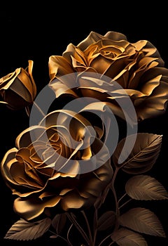 Gold roses, on black background. Ia generative.