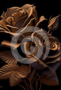 Gold roses, on black background. Ia generative.