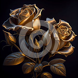 Gold roses, on black background. Ia generative.