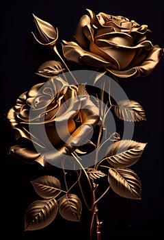 Gold roses, on black background. Ia generative.