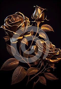 Gold roses, on black background. Ia generative.
