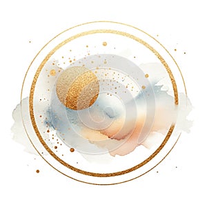 Gold round circle frames with colorful watercolor splash splatter stain brush strokes gold glitter painting pattern on white