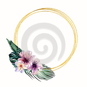 Gold round frame with hand painted watercolor tropical flowers and leaves.