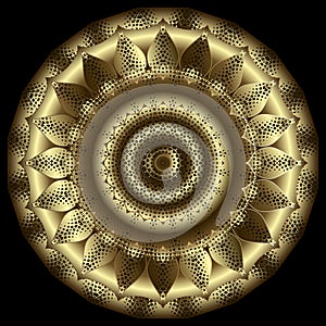 Gold round surface 3d mandala pattern. Ornamental Deco background. Textured floral golden ornaments. Luxury grunge backdrop.