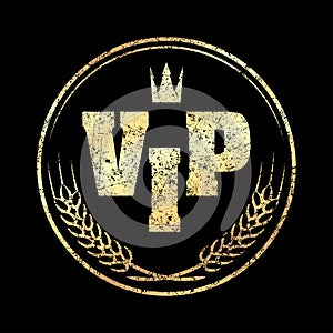 Gold round VIP grunge style rubber stamp icon with crown and spikes on a black background.