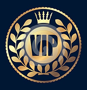 Gold round VIP rubber stamp style icon with crown and wreath of