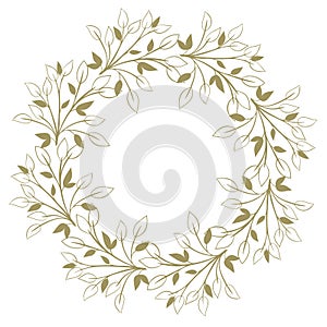 Gold round volumetric frame with leaves. Circular template for design. Plant botanical elements.