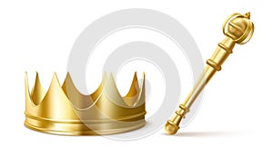 Gold royal crown and scepter for king or queen