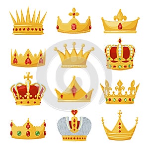 Gold royal crowns set, monarchy and authority symbol photo