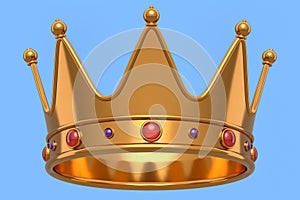 Gold royal king crown with jewelry isolated on blue background.