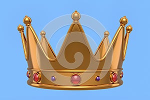 Gold royal king crown with jewelry isolated on blue background.