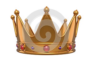 Gold royal king crown with jewelry isolated on white background.