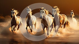 Gold running horses, over water at sea, sunset time widescreen AI gererated