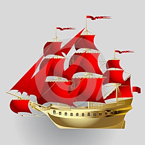 Gold sailing ship with red sails on gray background