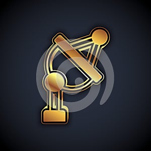 Gold Satellite dish icon isolated on black background. Radio antenna, astronomy and space research. Vector