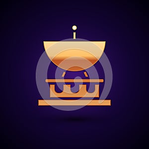 Gold Satellite dish icon isolated on black background. Radio antenna, astronomy and space research. Vector Illustration