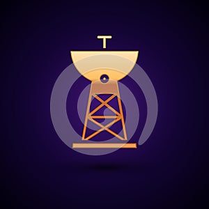 Gold Satellite dish icon isolated on black background. Radio antenna, astronomy and space research. Vector Illustration