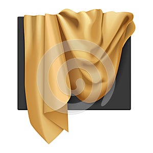 Gold satin fabric with waves of 3D realistic drapery hiding box of rectangular shape photo