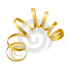 Gold satin ribbon isolated on white background. Vector of curved tape