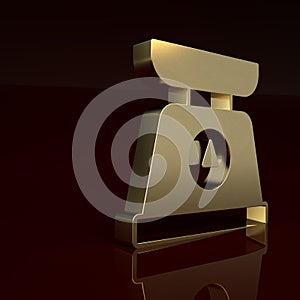 Gold Scales icon isolated on brown background. Weight measure equipment. Minimalism concept. 3D render illustration