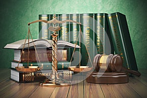 Gold scales of justice, gavel and books with differents field of