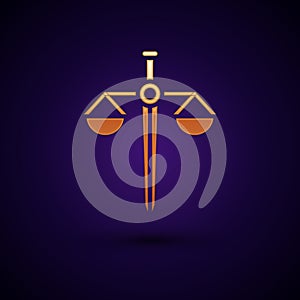 Gold Scales of justice icon isolated on black background. Court of law symbol. Balance scale sign. Vector Illustration