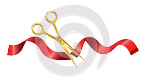 Gold scissors that cut ceremonial red silk ribbon