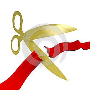Gold Scissors Cutting Red Ribbon