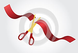 Gold scissors cutting red ribbon