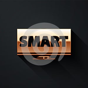 Gold Screen tv with Smart video technology icon isolated on black background. Long shadow style. Vector.