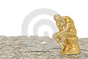 Gold Sculpture Thinker Over Money USD. 3D Illustration